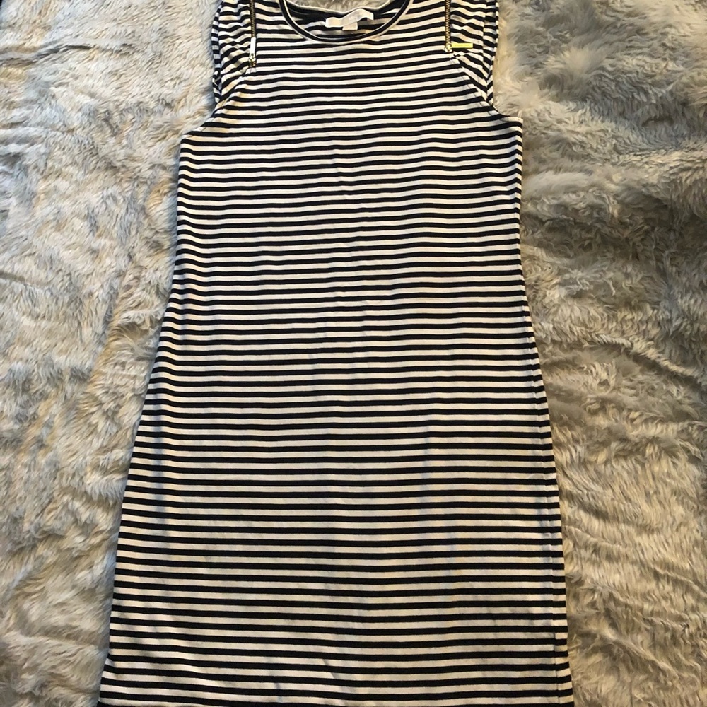 NWOT - Michael Kors black and white striped dress with gold zipper detail.